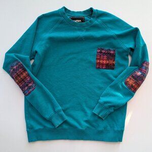 Deter Clothing Teal Pullover Sweatshirt S Aztec Patch Pocket Elbow patches